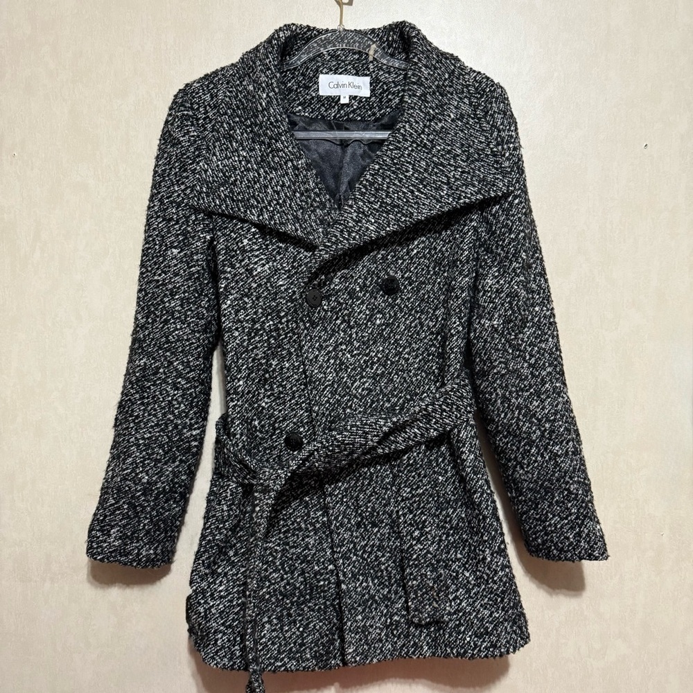 Calvin Klein Double Breasted Pea Coat Wool Blend Tweed Belted Jacket